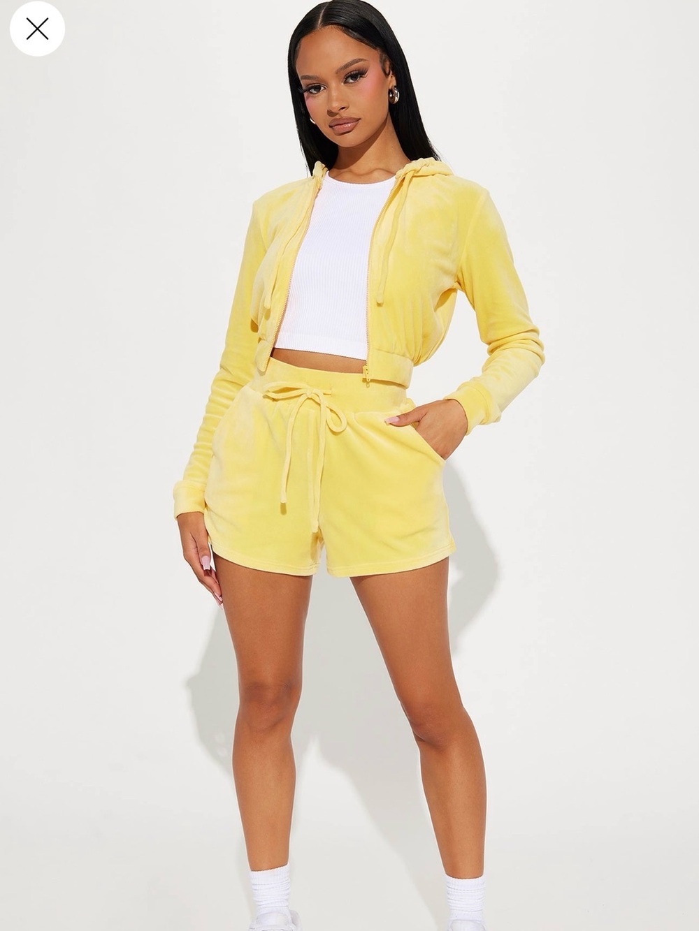BNWT, fashion nova, yellow velour matching shorts set, size medium
